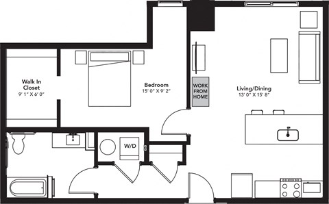Floor plan for 1 bed, 1 bath, 834 sqft